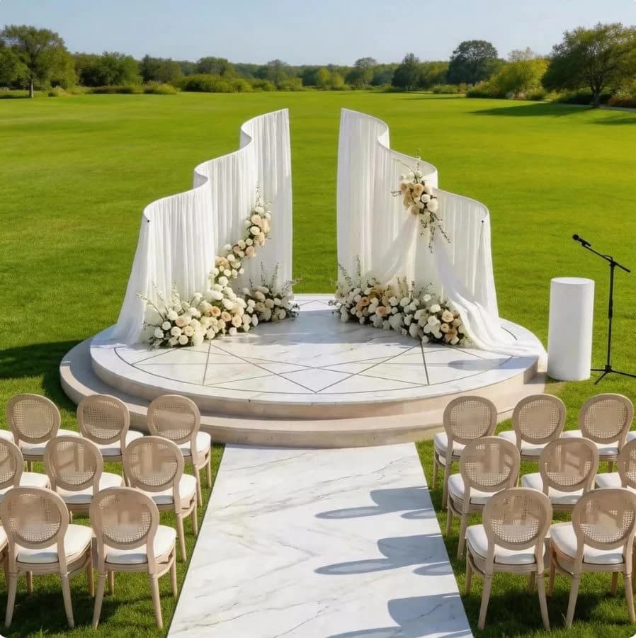 Elegant white outdoor wedding ceremony set-up on a manicured lawn