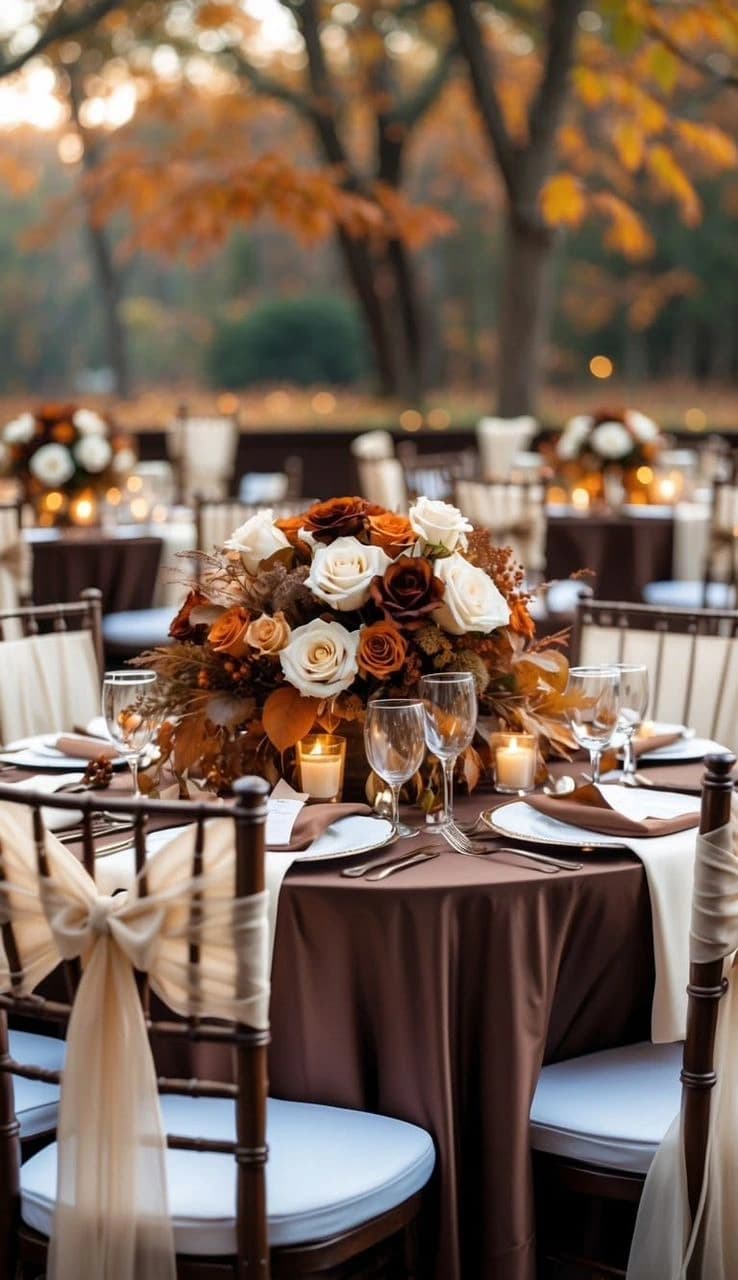 Outdoor autumn wedding reception with rust and white rose centrepieces, candlelight and draped chiavari chairs