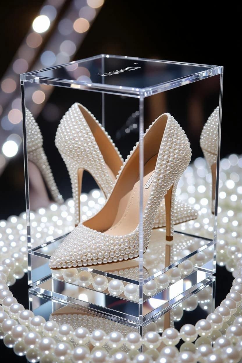 Pearl-embellished bridal heels displayed on a glass stand