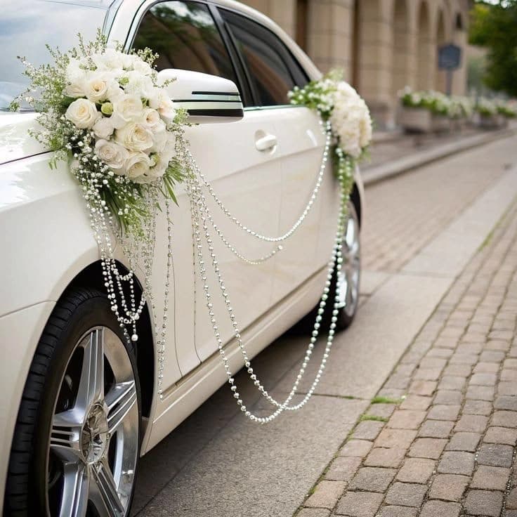 Luxury car decorated with white florals and strings of pearls for a wedding
