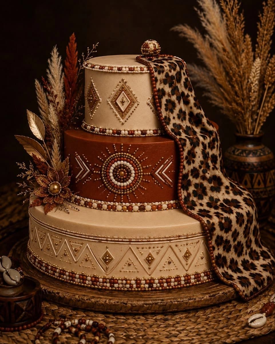 African-inspired tiered wedding cake with tribal patterns and a leopard-print drape