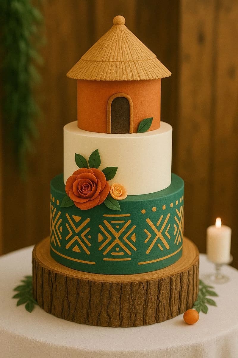Tiered wedding cake topped with an African hut and finished in kente-inspired colours